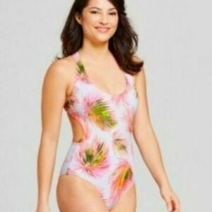 Tori Praver Swimsuit MED Cut Out Palm Cheeky One Piece Pink White Green